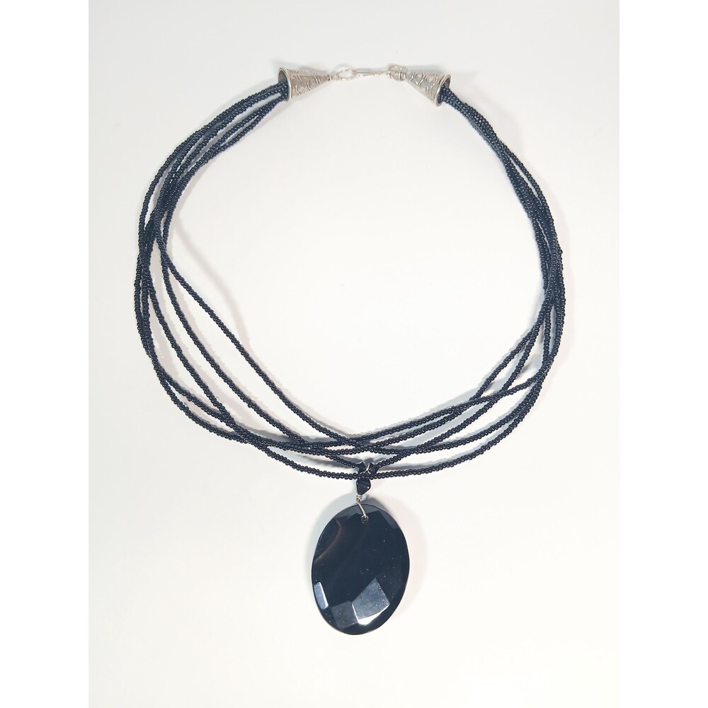 Vintage Sterling Silver Multi Strand Black Beaded Faceted Agate Pendant Necklace